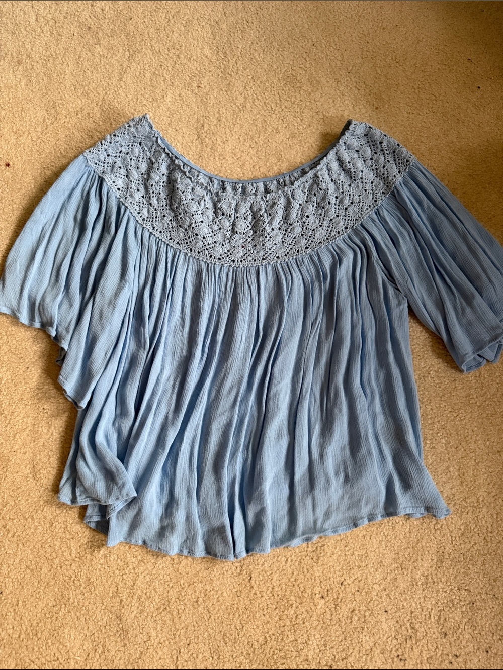 Buddy Basics Light Blue Off-Shoulder Crochet Yoke Top